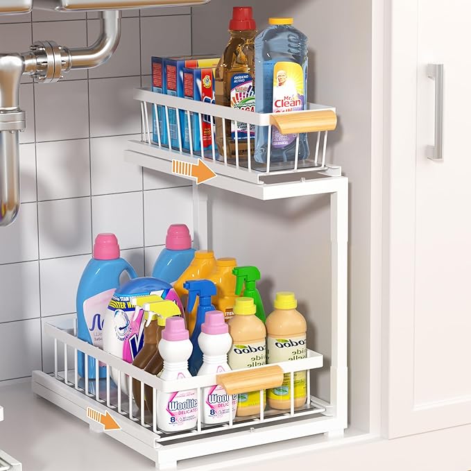 Under Sink Organizer, Pull Out Cabinet Organizer 2 Tier Slide Out Sink Shelf Cabinet Storage Shelves,Kitchen & Bathroom Organizers,Metal (White, 1 Pack-14.6 * 10.6 * 16.5in)