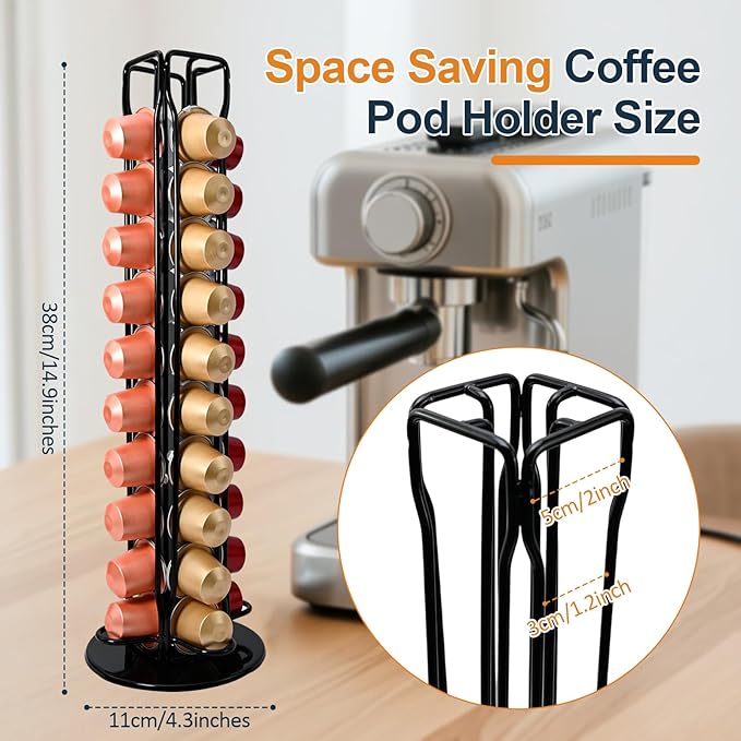 Coffee Pod Holder Carousel for Nespresso OriginalLine – 360° Rotating Capsule Organizer Holds 40 Pods, Space-Saving Countertop Storage Organizer Espresso Pod Rack for Home & Office (Black)