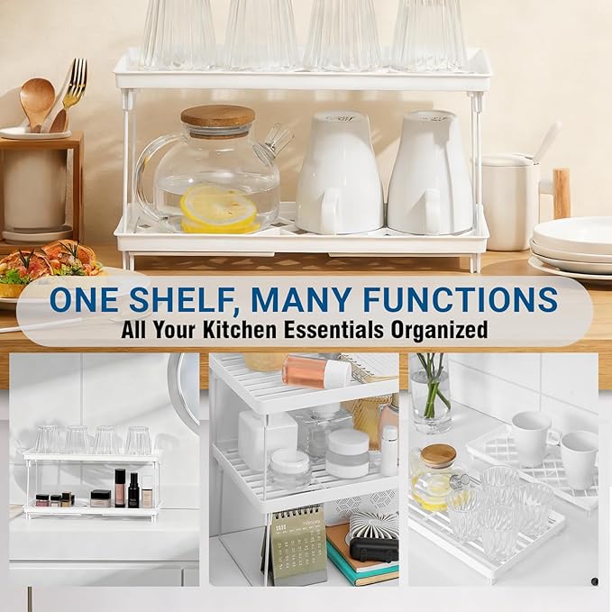 2-Pack Kitchen Cabinet Organizer Shelves – Foldable Countertop Shelf Rack for Plates, Bowls & Pantry Items – Space-Saving Storage for Kitchen, Bathroom & Office – Easy Assembly, No Drilling
