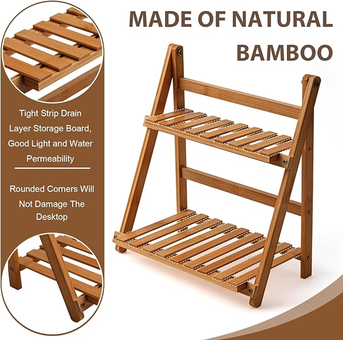 Matcha Station Shelf, 11.8'' Coffee Station Organizer, 2 Tiers Bamboo Mug Holder Countertop, Desktop Flower Pot Rack for Home Living Room Window Sill Foldable Display Storage Shelf(Brown)