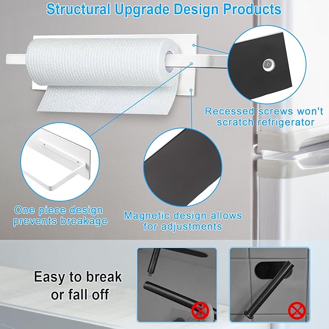 Magnetic Paper Towel Holder for Fridge, Toilet Paper Roll Holder Magnetic Paper Towel Rack Wall Mount Fridge Organizer for Papers Towels Roll Bathroom Toilet Garage RV Decor Kitchen Organization White