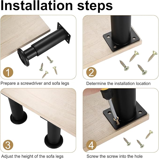 4 Pcs Metal Furniture Legs, 4.7-7 Inch Black Adjustable Furniture Legss, Adjustable Height Bed Support Legs for Bed Frame Support Legss, Sofa Couch Dresser Table Bed Cabinet Feet