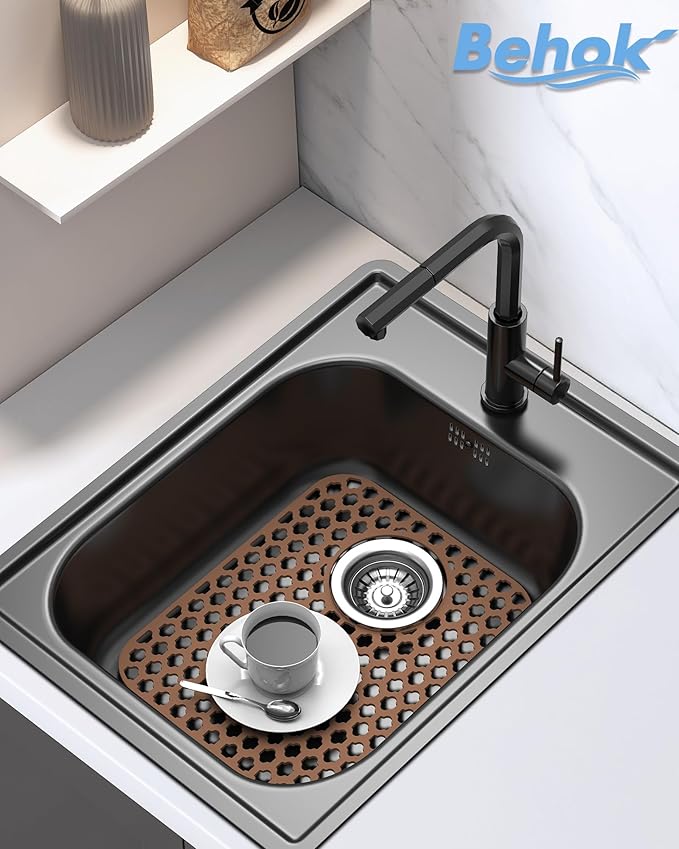 BEHOK 2 Pack Silicone Sink Protector for Kitchen Sink Bathroom, 13.58" x 11.6" Heat-resistant Sink Mat Non-Slip and Durable Silicone Protectors, Rear Drain, Coffee