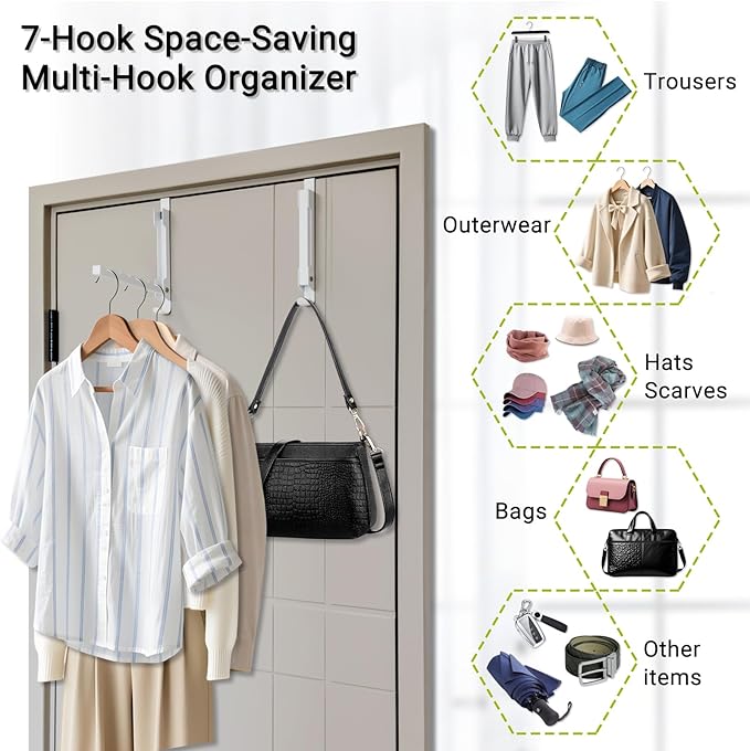 2-Pack Foldable Over The Door Organizer Hanger, 7-in-1 Space Saver with 6 Grooves & 1 Always-Usable Hook for Coat, Bag, Towel - Ideal for Entryway, Bedroom, Bathroom, Dorm, Travel, White