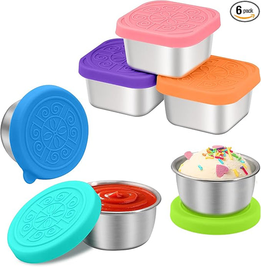 6PCS Salad Dressing Container to Go, Leakproof Reusable Stainless Steel small container with lid,Sauce Containers for Lunch box,Picnics,Travel,Office and Meal Prep-1.6+2.7 Sets
