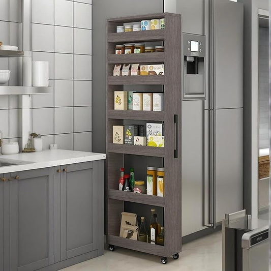 7 Tier Standing-Shelf with Wheels, 5.9/7.9/9.8'', Wooden Slim Storage Cart, Thickened Plate, Scratch-Resistant and Wear-Resistant, for Home, Kitchen, Bakers, Closet, Pantry, Dining Room