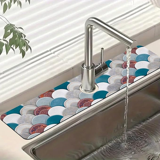 Wall Tiles Texture Sink Faucet Absorbing Mat Ceramic Decor Super Absorbent Fast Drying Mat Sink Gadgets Behind Faucet Sinkmat for Kitchen Bathroom, 23.5"x5.5"