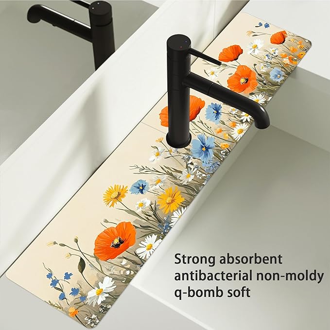 Bimkole 2 PCS Faucet Absorbent Mat, Kitchen Faucet Sink Splash Guard Wraparound Cloth Pads Drip Catcher for Sink Faucet for Kitchen Bathroom Faucet, Colorful Faucet Mat, 15 x 4 Inch Flower A5