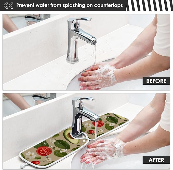 2 PCS Kitchen Sink Splash Guard 14.9 Inch Faucet Mat for Kitchen Sink Bathroom Sink Faucet Absorbing Drip Drain Mat Pad Microfiber Soft Washable Green Avocado Tomato Leaves