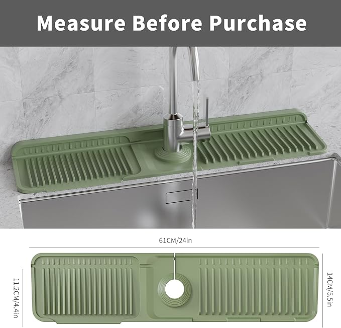 WAFT YEARN 24X5 Inch Silicone Durable Faucet Mat Kitchen Sink Splash Guard Draining Protector Tray Liner Absorbent Protective Counter Accessories For Sink Kitchen Bathroom Laundry Room Bar & RV Green