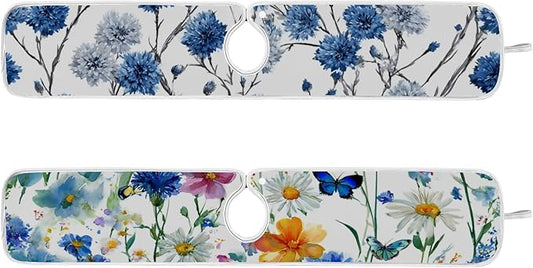 2 PCS Kitchen Sink Splash Guard 30 Inch Faucet Mat for Kitchen Sink Bathroom Sink Faucet Absorbing Drip Drain Mat Pad Microfiber Soft Washable Watercolor Blue Cornflower Daisy Butterflies