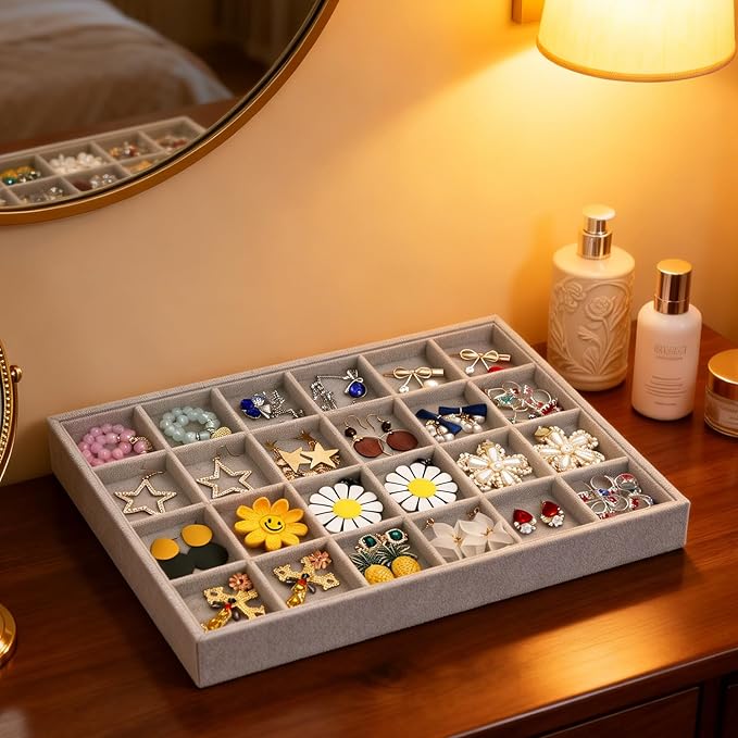 Stratalife Earring Organizer Stackable Jewelry Tray Removable Display Tray Organizer for Jewelry Necklace Earring Drawer Insert 24 Grid Grey