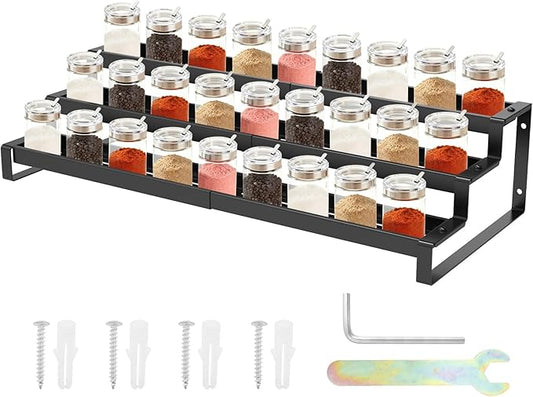 3-Tier Spice Rack Organizer for Cabinet,14.5"-26" Expandable Spice Organize Shelf,Carbon Steel Display Shelf for Jars and Bottles, Seasoning Organizer for Kitchen Pantry Countertop
