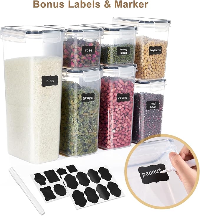 7 Pcs Airtight Food Storage Containers with Lids, Stackable Design Kitchen Canister Set for Cereal Snack Noodle Nut Pasta Flour Rice