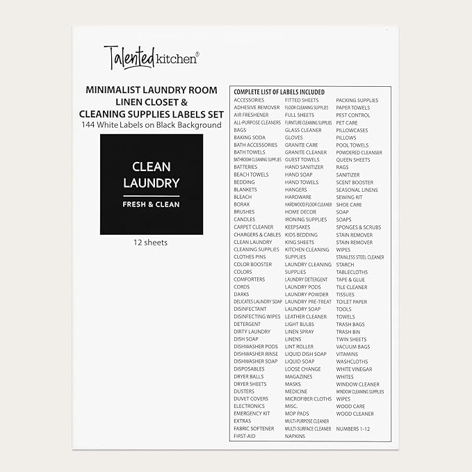 Talented Kitchen 144 Minimalist Laundry Labels – White Print on Matte Black Backing, Waterproof Vinyl Adhesive Stickers for Laundry Room, Kitchen, Pantry, Spice Jars & Household Organization