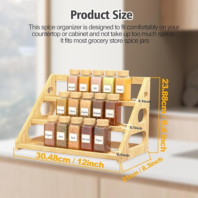 Spice Rack - Tiered Spice Rack Organization for Cabinet - 3 Tier Bamboo Display Spice Shelf for Countertop