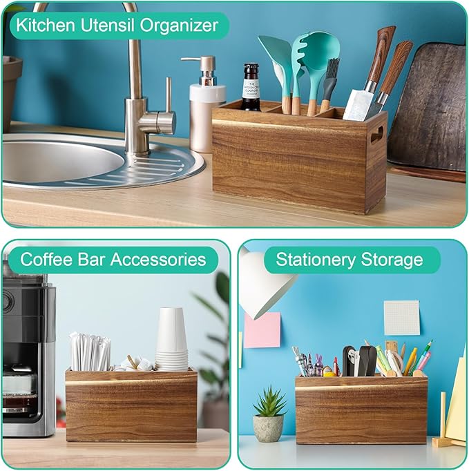 ALELION Acacia Wood Utensil Holder Organizer for Counter - Large Wooden Utensil Caddy for Countertop - 3 Compartment Cooking Tool Holder for Spatula - for Farmhouse Kitchen Decor and Accessories