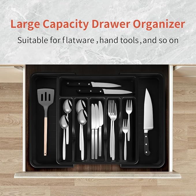 Expandable Silverware Drawer Organizer – Adjustable Utensil Tray & Cutlery Organizer, BPA-Free Plastic Flatware Divider, Non-Slip Kitchen Drawer Organizer (Fits 12–22” Drawers, 8 Compartments)