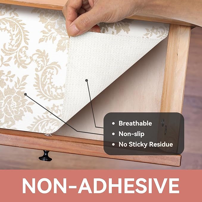 RAY STAR Shelf Liner, Non Adhesive Golden Damask Floral Cabinet Liner for Pantry Drawer, Strong Grip Non Slip Waterproof, Shelf Liners for Kitchen Cabinets Organization 12 Inch x 10 FT (2 Rolls)