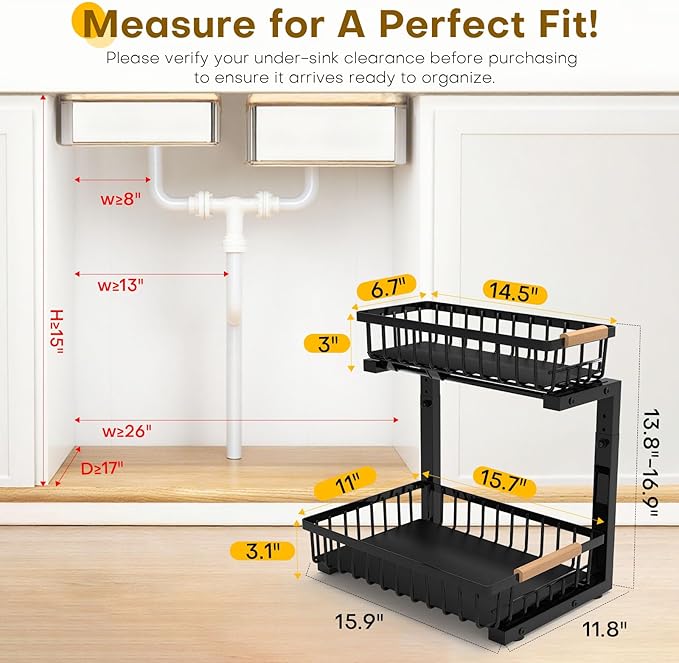 ZELOREA Under Sink Organizer, 2 Tier Pull Out Under-Sink Shelves, Adjustable Height (13.8" -16.9"), Sturdy Metal Storage Organizer for Bathroom Kitchen Pantry Cabinet (2 Packs, Black)