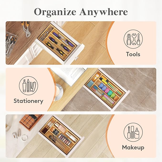 Lifewit Silverware Drawer Organizer, Utensil Tray for Kitchen, 4 Slot Flatware and Cutlery Holder, Storage for Spoons Forks Knives, Natural
