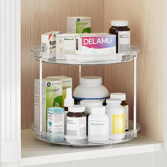 2 Tier Lazy Susan Organizer, 9.25'' Lazy Susan Turntable for Cabinet, Stackable Turntable Organizer Rotating Spice Rack Organization for Kitchen Countertop, Pantry, Bathroom, Clear
