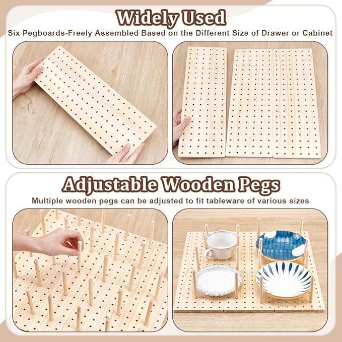 peacoblue 6 - Piece Wood Pegboard Drawer Organizer Set - Kitchen Drawer Peg Organizer 40 Pegs & Screws Included - Organizing Kitchen Dishes, Plates Pegboard Food Containers(17x5.9inch)