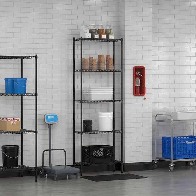 Commercial NSF Listed Black Epoxy Stationary Wire Shelving Kit 12" x 30" x 86", with 5 Shelves Perfect for Warehouse, Walk-in Refrigerator, Freezer, Grocery Store, Restaurant, Dishroom