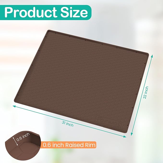 FORWOS Waterproof Under Sink Mat 31" x 22", Silicone Cabinet Liner, Rubber Protector for Kitchen and Bathroom, Keeps Cabinets Clean, Dry, and Organized (Brown)