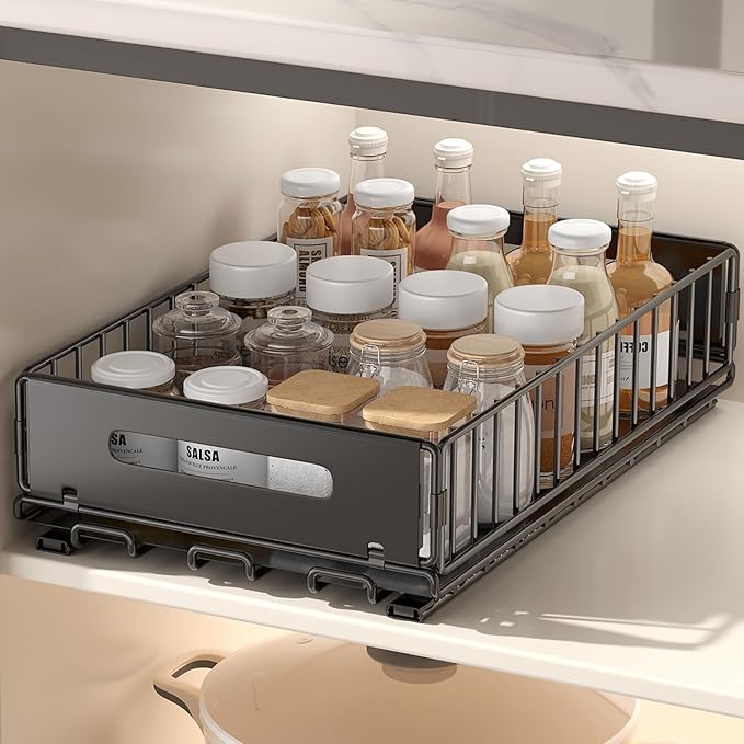 1 Pack Pull Out Cabinet Organizer, Slide Out drawers for cabinets, Heavy Duty Carbon Steel Roll Out Shelves for kitchen, bathroom, under sink, pantry (14.7’’-23.1’’ Slide, Adhesive & Screw)