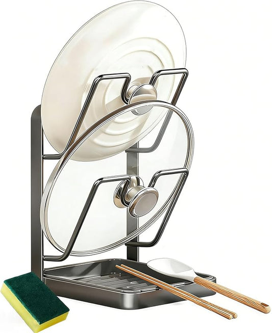 Kitchen Pot Lid Storage Rack, Carbon Steel Pot Lid Holder with Spoon Rest While Cooking, Multifunctional Kitchen Organizer Stand for Counter Top with Removable Drip Tray