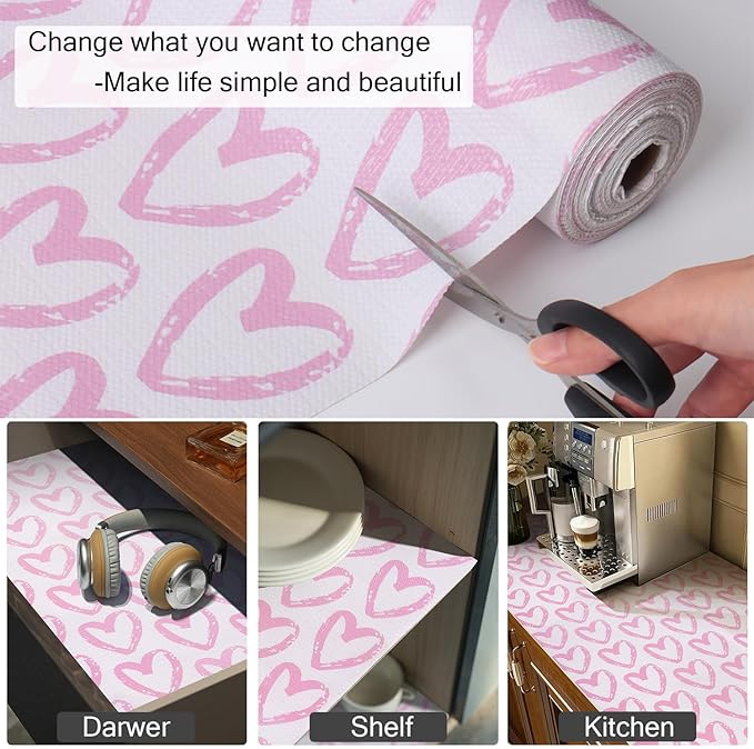 Amiitay Heart Drawer Liner for Cabinets 16IN x 10FT,Shelf Liner Non-Adhesive and Strong Non-Slip Cabinet Drawer Liners for Kitchen,Table,Bookshelves,Waterproof Cupboard Liners,Pink