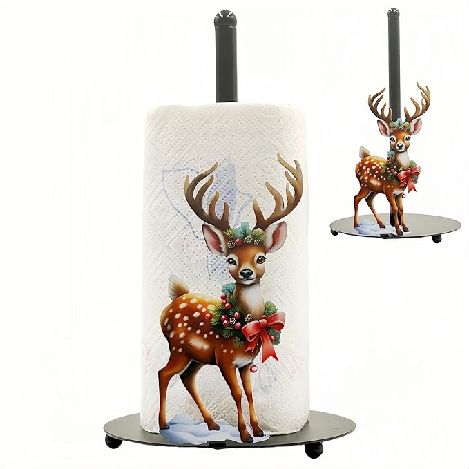 Deer Paper Towel Holder Countertop, Freestanding Paper Roll Holder,Easy One-Handed Tear Kitchen Paper Towel Stand with Weighted Base,Cute Animal Home Decor for Kitchen and Bathroom Countertop(1 Pack)