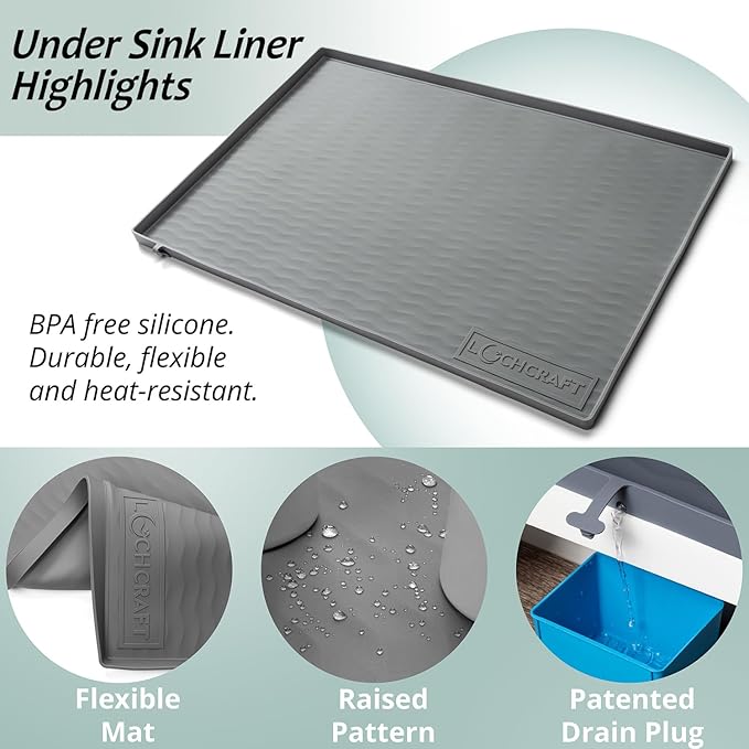 LochCraft - Heavy Duty Under Sink Mat - Thicker Design, Patented Drain, BPA Free - Under Sink Mats for Kitchen Waterproof - Ideal Under the Sink Mat Waterproof Solution - 34 x 22 Inches - (Grey)