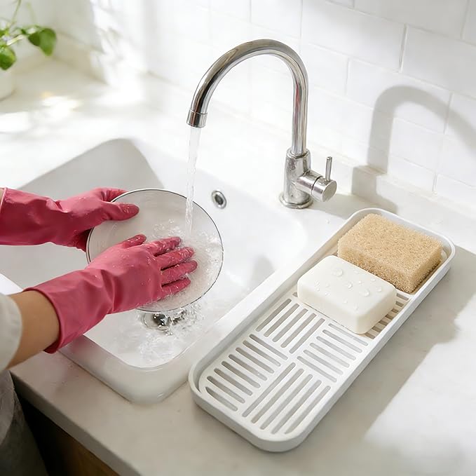 WUCYLKA Kitchen Sink Organizer Sink Caddy, Plastic Sponge & Soap Holder with Double-Layer Drain Rack – Countertop Sink Tray for Sponge, Soap, Dish Brush, Cup, and Wire Scrubber(White)