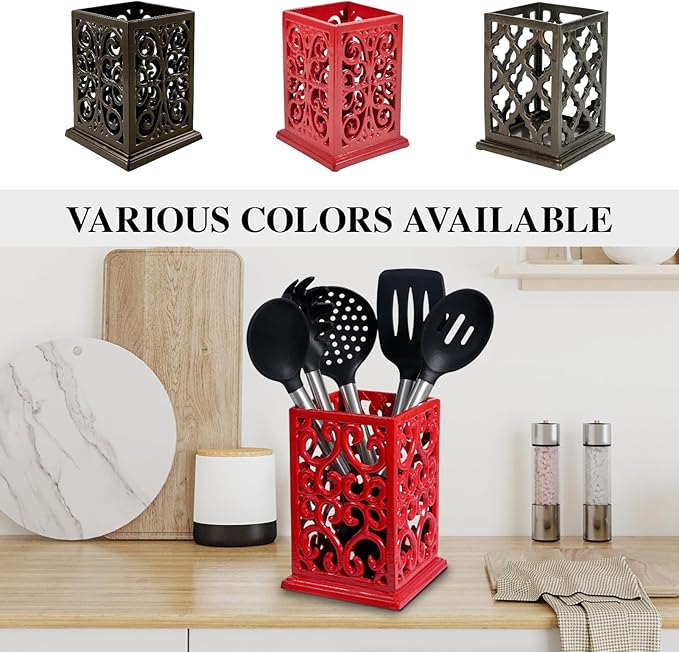 jogreful Utensil Holder, Cast Iron Kitchen Utensil Crock for Countertop, Extra Large Utensil Organizer with Weighted-Base, Housewarming Vintage Decor, Vine Pattern, Red