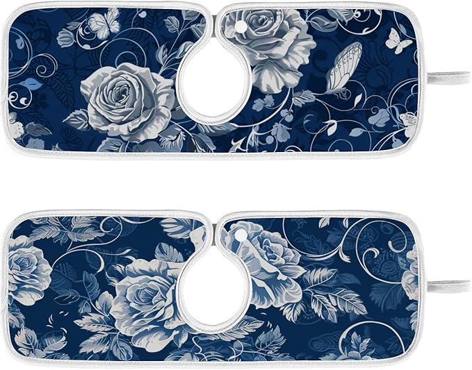 2 PCS Kitchen Sink Splash Guard 14.9 Inch Faucet Mat for Kitchen Sink Bathroom Sink Faucet Absorbing Drip Drain Mat Pad Microfiber Soft Washable Navy Blue Roses and Butterflies