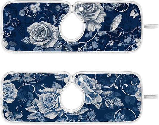 2 PCS Kitchen Sink Splash Guard 14.9 Inch Faucet Mat for Kitchen Sink Bathroom Sink Faucet Absorbing Drip Drain Mat Pad Microfiber Soft Washable Navy Blue Roses and Butterflies