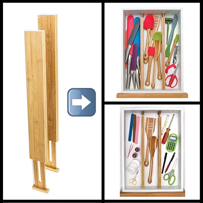 HUJI 4 PCS Bamboo Drawer Dividers Organizers For Bed Room, Bathroom, Kitchen, Garage, Great To Organize Clothes Kitchen Utensils Tools Shirts Socks Towels (2 PACK)