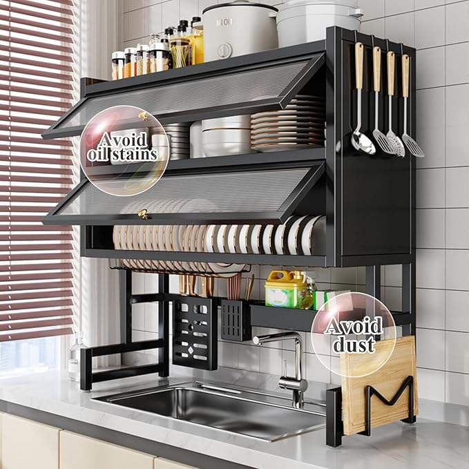 Large Over The Sink Dish Drying Rack 4 Tiers with Cover, Space-Saving Keep Kitchen Sink Shlef Organized, Drying Rack for Dishes, Glasses, Bowls, Cutlery Black(Black,105cm)