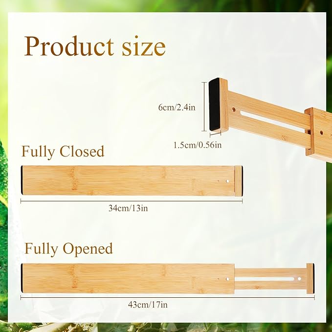 Sawysine 12 Pcs Bamboo Drawer Dividers Adjustable Drawer Organizers Spring Separators Organization Expandable Organizers for Kitchen Bedroom Bathroom Dresser Office (Natural Color,17 x 2.4 Inches)