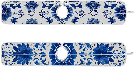 2 PCS Kitchen Sink Splash Guard 30 Inch Faucet Mat for Kitchen Sink Bathroom Sink Faucet Absorbing Drip Drain Mat Pad Microfiber Soft Washable Floral Blue and White Tile