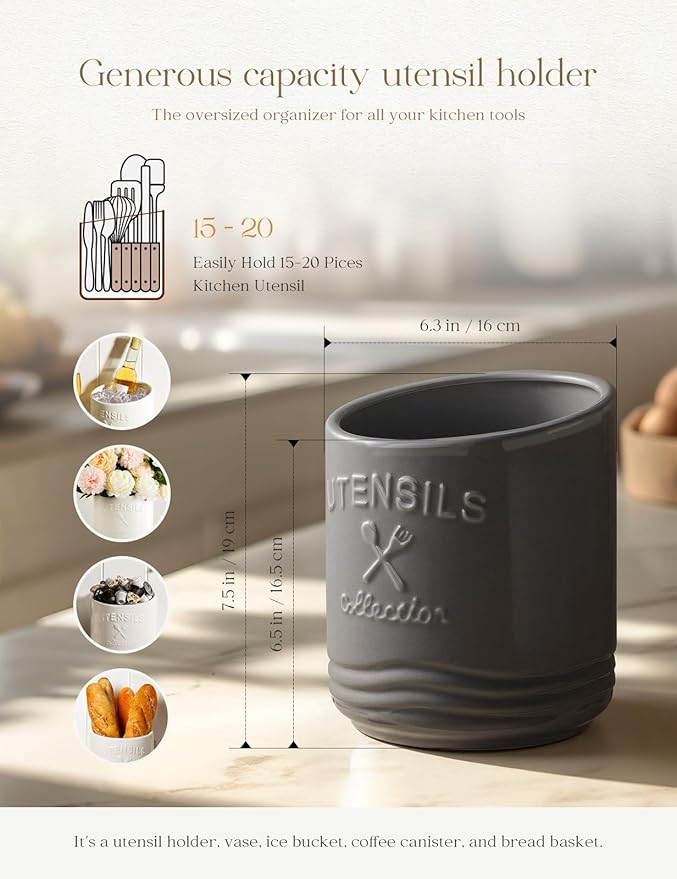 AISBUGUR Large Ceramic Utensil Holder 7.5" H×6.3" W with Slanted Mouth - Utensil Crock with Non-Slip Cork Base for Kitchen Counter, Ideal for Decor & Gift,Grey