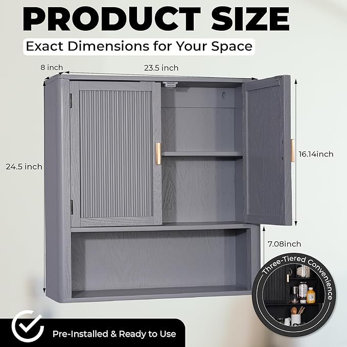 Pre-Assembled Wall Mounted Medicine Cabinet – 2-Door Bathroom Storage Cabinet with Fixed Shelf, Space-Saving Over-The-Toilet Organizer for Small Bathroom Living Room Kitchen or Laundry (Grey)