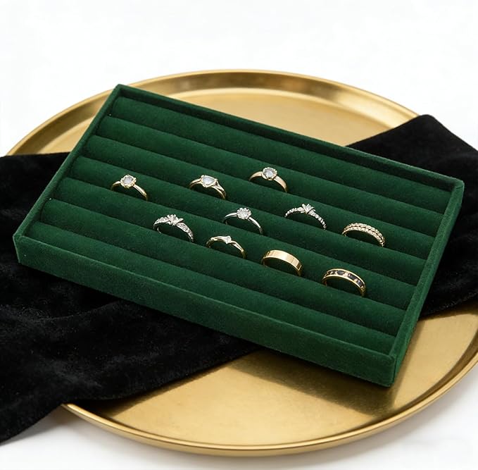 Velvet Jewelry Organizer Trays Dark Green Stackable Jewelry Storage Display Tray with Removable Dividers, 8 Rolls