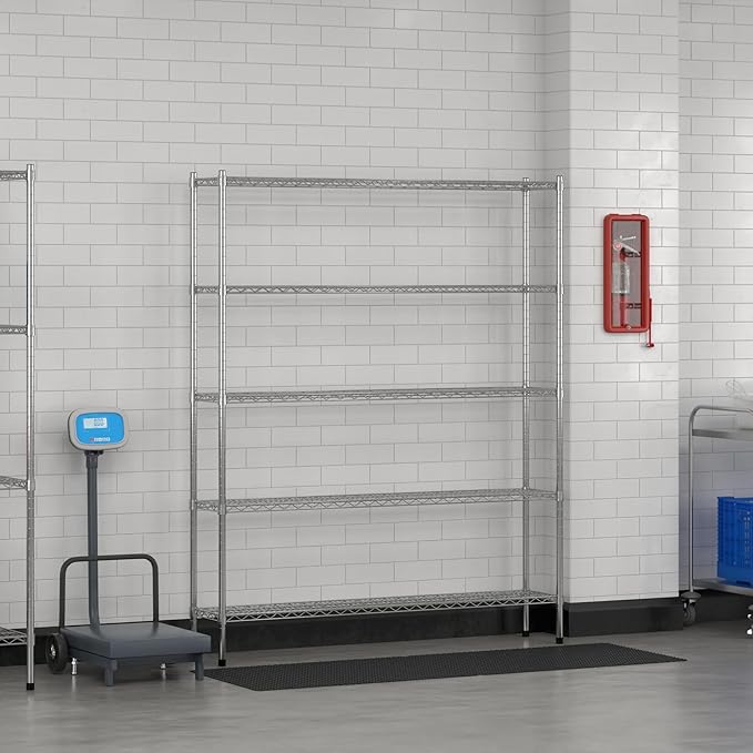 Commercial NSF Listed Chrome Stationary Wire Shelving Kit 12" x 60" x 74", with 5 Shelves Perfect for Warehouse, Walk-in Refrigerator, Freezer, Grocery Store, Restaurant, Dishroom