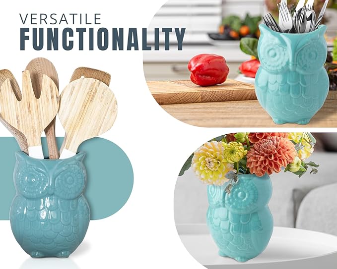Comfify Owl Utensil Holder Decorative Ceramic Cookware Crock & Organizer, in Lovely Aqua Blue Color - Utensil Shaped Caddy and Perfect Kitchen Ceramic Decor Gift for Countertop - 5” x 7” x 4” Size