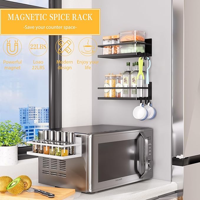 Magnetic Spice Rack for Refrigerator, 2 Pack Magnetic Shelf, Fridge Magnet Organizer with Moveable 6 Hooks, Magnetic Fridge Shelf for Kitchen Organization and Storage(Black, 2 Pack)