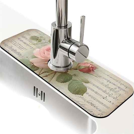 Kitchen Sink Splash Guard，Notes and pink roses Faucet Mat Sink Gadgets-Super Absorbent Fast Drying Mat Drip Catcher for Kitchen, Bathroom,Sink Mat, Dish Drying Mat, Bathroom(15" X 5.5" )