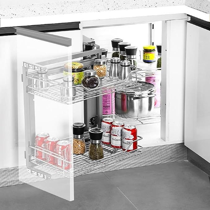 Gdrasuya10 Stainless Steel Blind Corner Cabinet Pull Out Organizer, 2 Tier Corner Pull Out Cabinet Steel Slide Out Organizer Kitchen Deep Cabinet Storage Organizer Shelf for 16" Left Opening Door